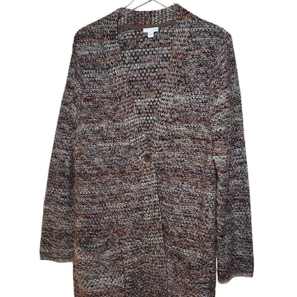 J Jill Marled Duster Cardigan Multicolor Brown 1 Button Sweater Womens Large - Picture 2 of 10